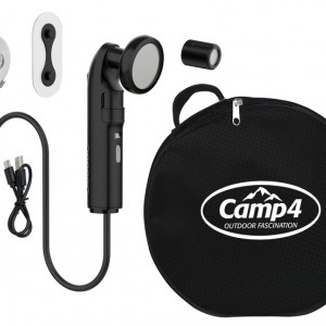 Camping shower with rechargeable hand-held shower head